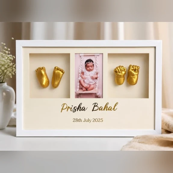 Baby hand and feet casting in gold with photo, name and date, by Jhilmil Decor