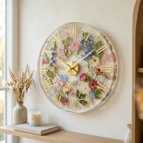 Floral wall clock by Jhilmil Decor, pressed flowers around a working dial