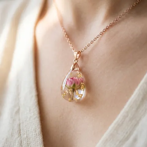 Handmade resin pendants with real pressed petals and gold leaf
