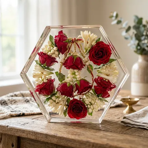 Varmala in a hexagon block by Jhilmil Decor, red roses and rajnigandha from the ceremony